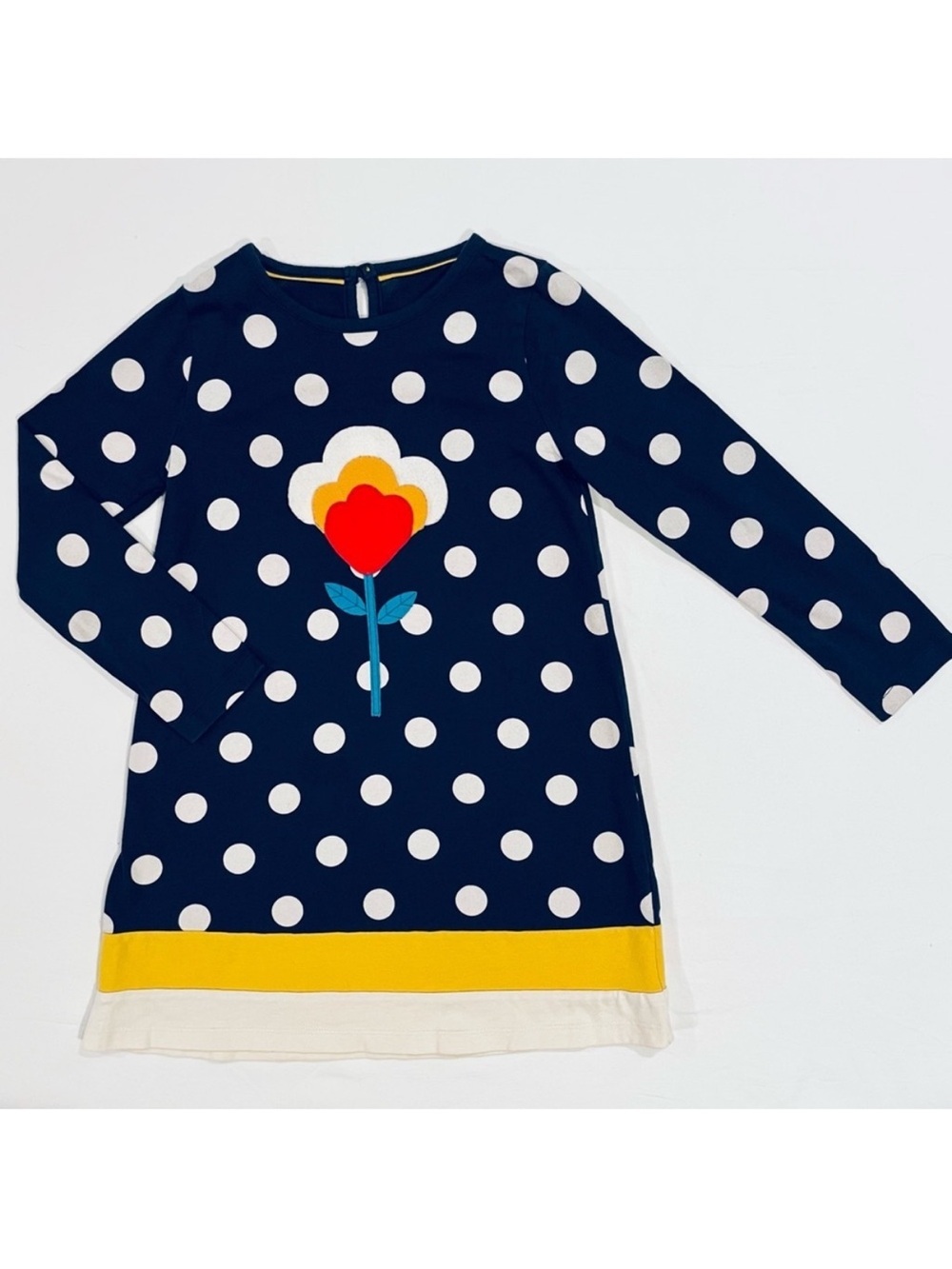 Mini Boden Dress Girls 6-7 Y Polka Dots Felt Flower Applique Cotton Spring Fall